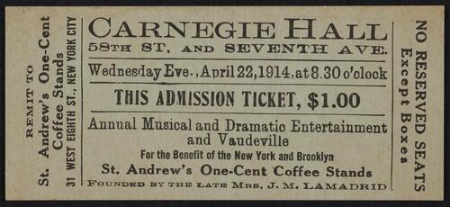 A ticket to Carnegie Hall has always been more than just admission—it’s an invitation into history. Browse the Tickets Collection and explore over 800 tickets from Carnegie Hall events from 1891 to the present, including a ticket from Opening Night on May 5, 1891.